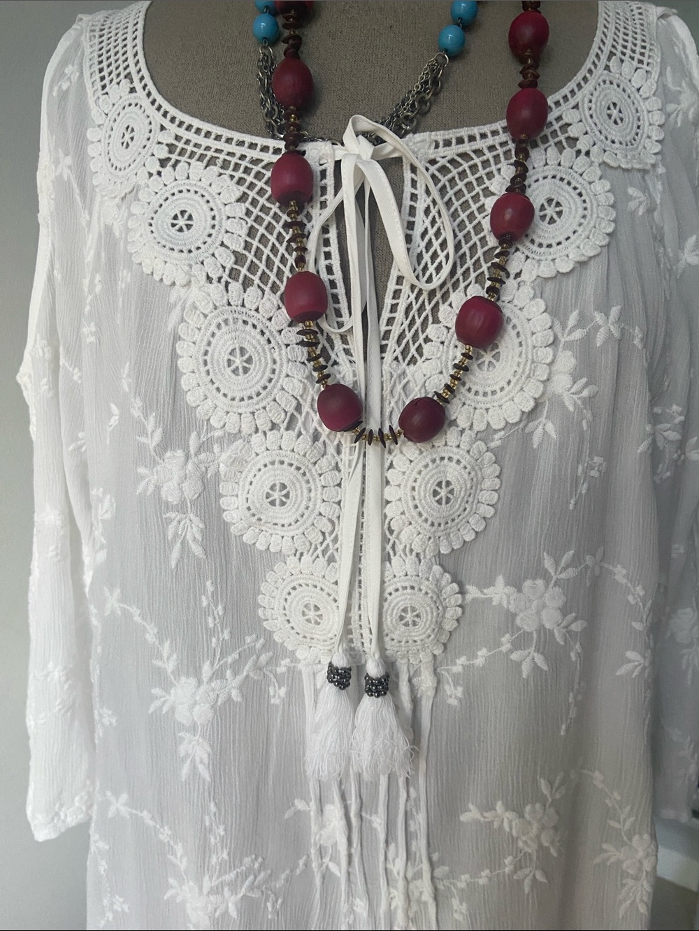 Daniel Rainn White Embroidered Boho Tie-Front Top Blouse